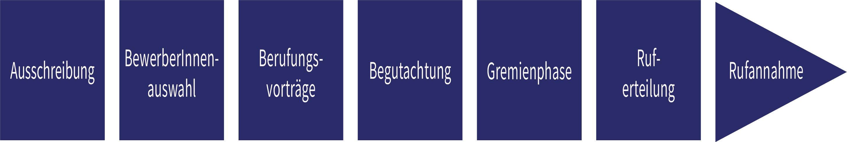 Dieses Diagramm zeigt die Schritte eines Bewerbungsprozesses: Ausschreibung, Bewerberinnenauswahl, Berufungsvorträge, Begutachtung, Gremienphase, Zuständigkeitsentscheidung, Rufannahme.