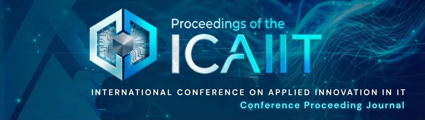 Konferenzband der ICAIIT – International Conference on Applied Innovation in IT. Logo zeigt ein abstraktes, technisch anmutendes Symbol mit hexagonale Struktur und blauen, digitalen Hintergrundmustern.