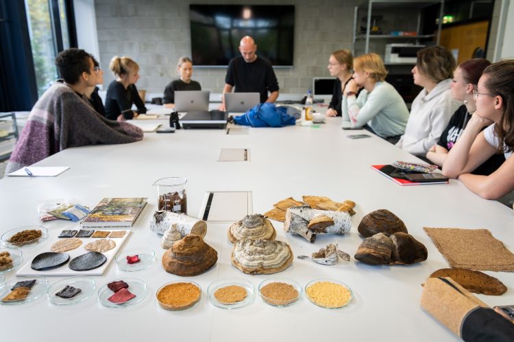 Ein Gruppenmeeting in einem modernen Raum. Auf dem Tisch stehen verschiedene Kuchen, Brote und Snacks. Die Teilnehmer sitzen um den Tisch herum und arbeiten an Laptops. Es herrscht eine entspannte Atmosphäre mit Essen und Diskussionen.