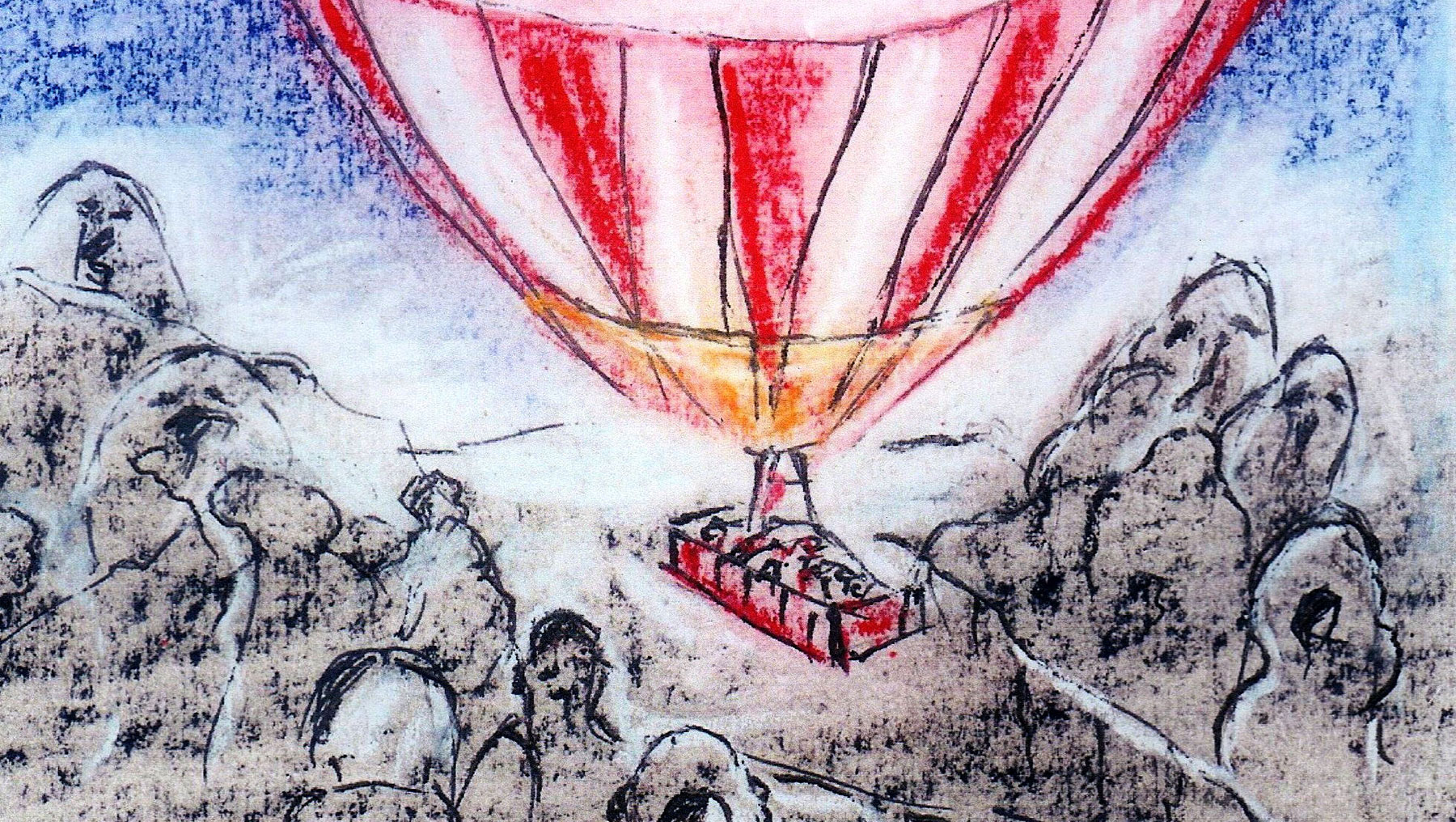 Ein roter Heißluftballon schwebt über einer Gruppe von Menschen, die nach oben schauen, umgeben von sanften Hügeln und einer blauen, leicht bewölkten Himmelsszene.