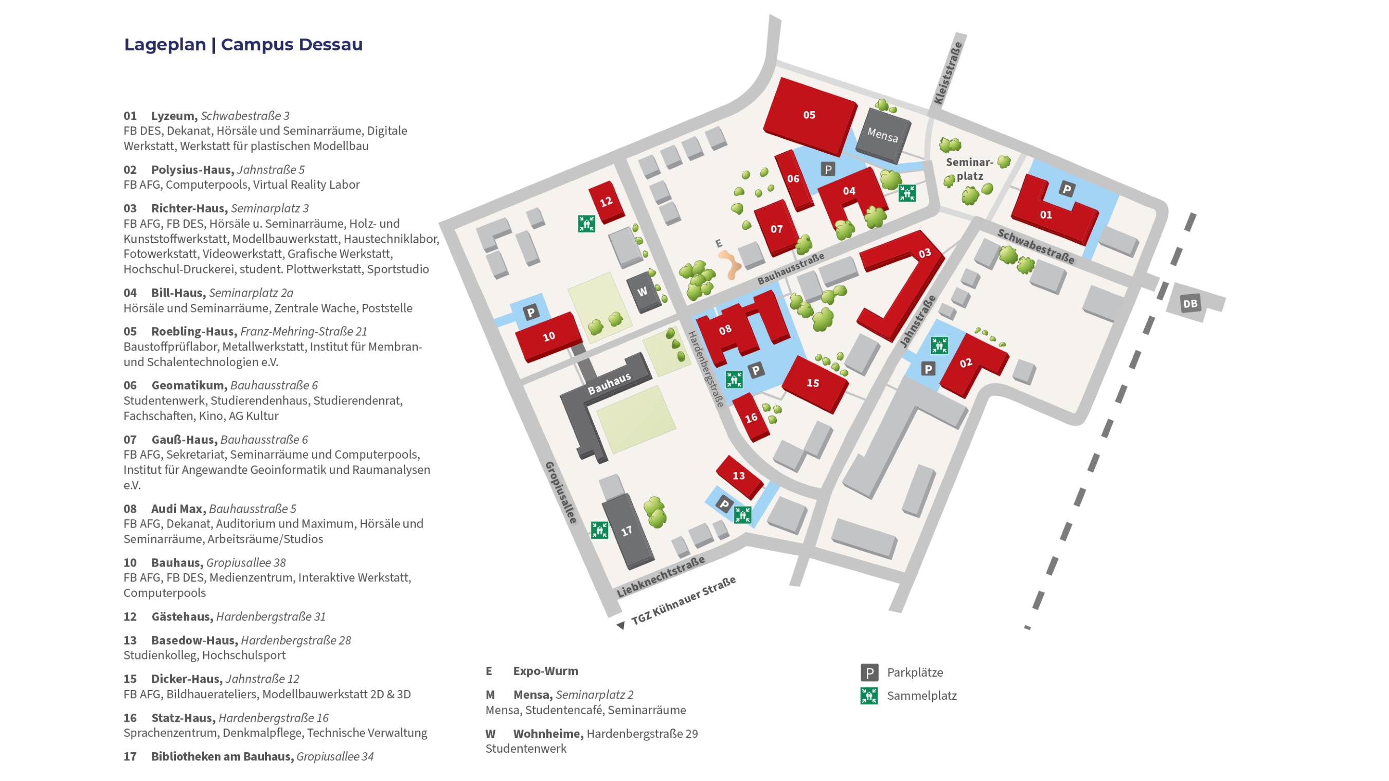 "Lageplan des Campus Dessau. Der Plan zeigt Gebäude, Wege, Grünflächen und Parkplätze. Jedes Gebäude ist mit einer Nummer und Beschreibung versehen. Es gibt auch Symbole für Eingangsbereiche, Parkplätze und Grünflächen. Der Campus ist übersichtlich in einem Rasterlayout dargestellt."