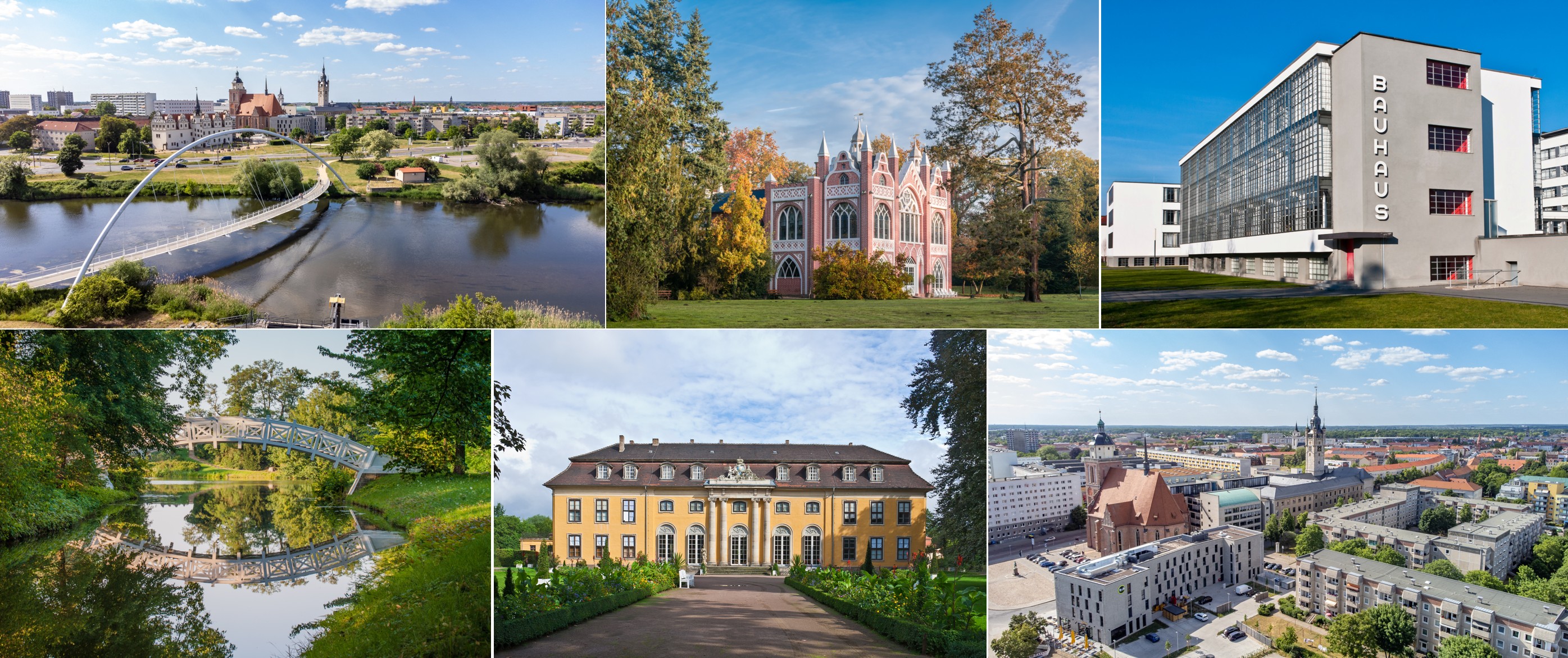 Overview of Dessau and sights in and around Dessau-Roßlau, such as the Bauhaus, Wörlitz Park, and the palace in Dessau-Mosigkau.