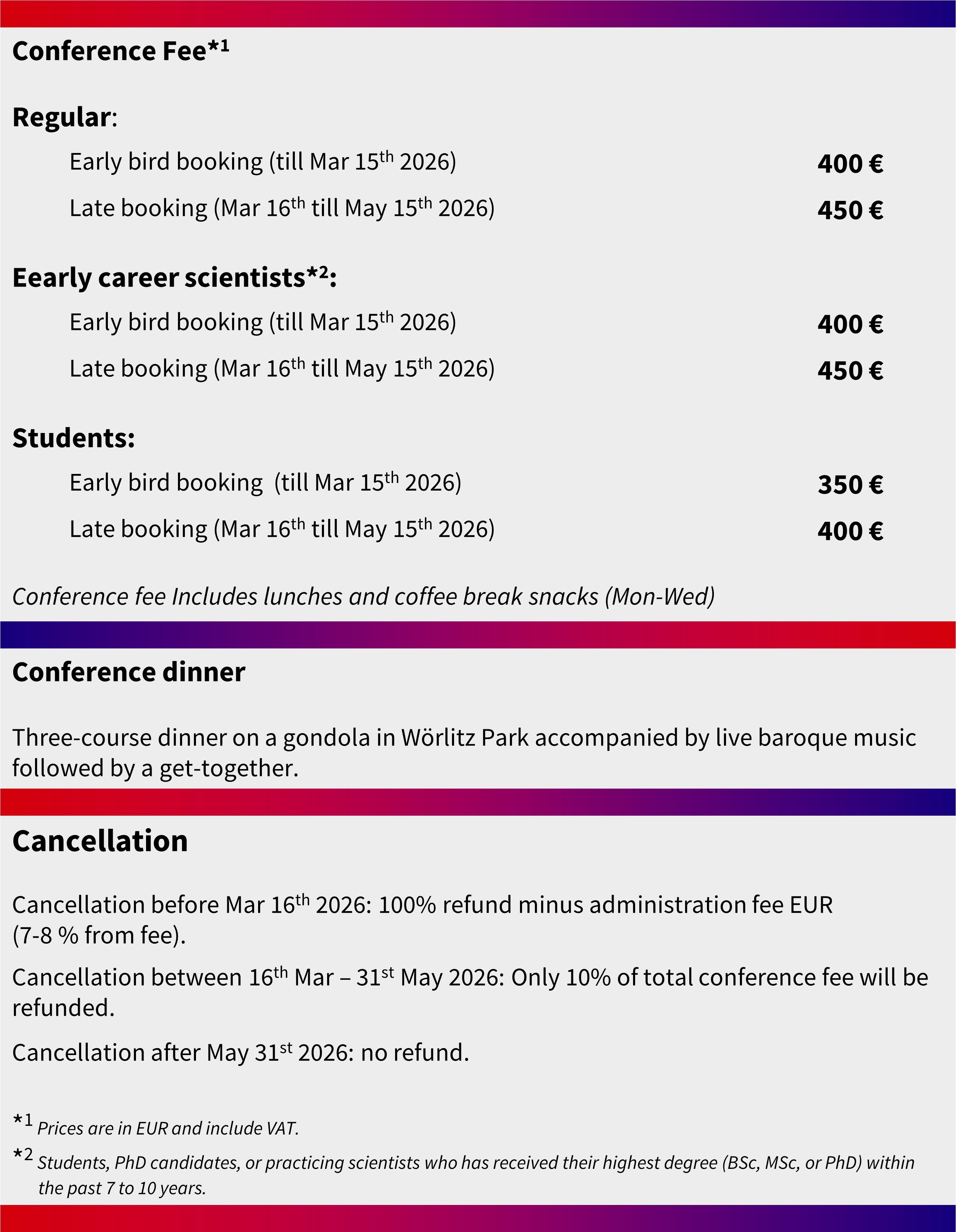 Konferenzgebühren: Normale Teilnehmer 400 € (Frühbucher) oder 450 € (Spätbucher). Frühkarriere-Wissenschaftler und Studierende zahlen 400 € bzw. 350 € (Frühbucher) oder 450 € bzw. 400 € (Spätbucher). Das Ticket beinhaltet Mittagessen und Snacks. Stornierungsbedingungen sind detailliert aufgeführt.