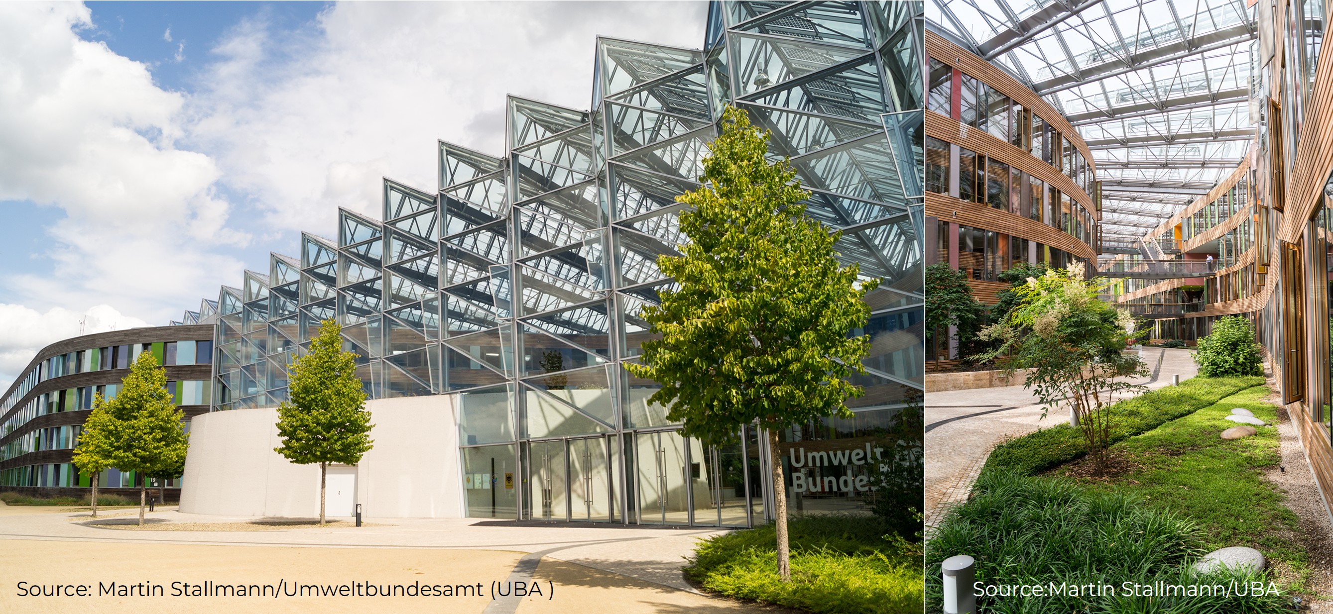 Left: Umweltbundesamt (UBA) at its headquarters in Dessau-Roßlau. Research for the environment is carried out here. Right: Interior view of the UBA.