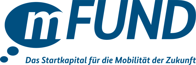 "Logo von mFUND: 'mFUND – Das Startkapital für die Mobilität der Zukunft'. Der mFUND fördert Innovationen im Bereich der zukünftigen Mobilität."