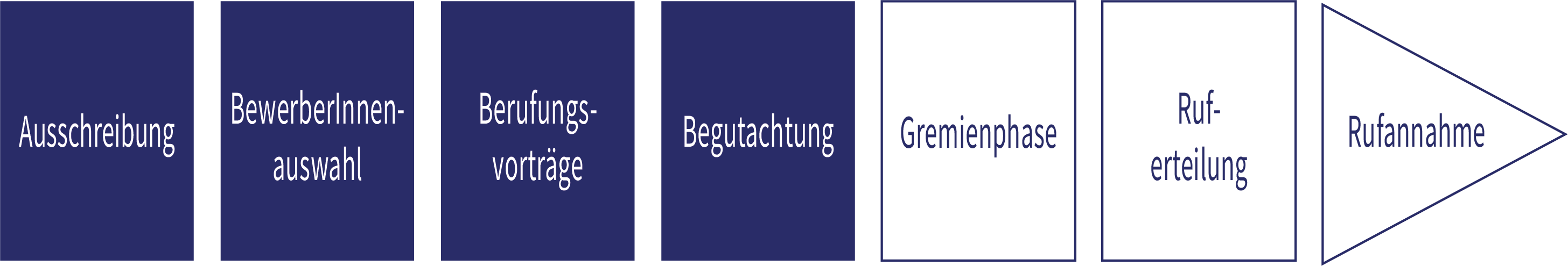 Eine schematische Darstellung der Bewerbungsphasen: Ausschreibung, Bewerberinnenauswahl, Berufungsvorträge, Begutachtung, Gremienphase, Ruf-Erteilung und Rufannahme.