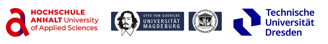 Hier ist eine alternative Beschreibung für sehbehinderte Nutzer:

„Logoleiste mit drei deutschen Hochschullogos: Hochschule Anhalt – University of Applied Sciences, Otto-von-Guericke-Universität Magdeburg und Technische Universität Dresden.“ (50 Wörter)