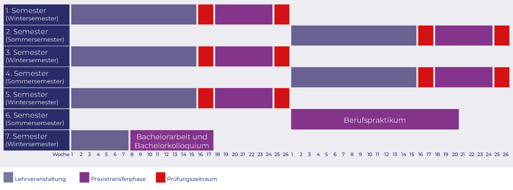 Balkendiagramm zeigt den Zeitplan für sechs Semester eines Studiengangs mit Lehrveranstaltungen in violett, Praxistransferphasen in dunkelrot und Prüfungszeiträumen in hellrot. Die Semester sind abwechselnd Winter- und Sommersemester, wobei die Bachelorarbeit und das Kolloquium im letzten Semester eingeplant sind.