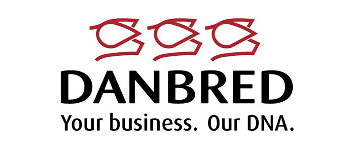 Logo der Firma Danbred mit drei stilisierten, roten DNA-Strang-Symbolen, die das Wort „Danbred“ bilden. Darunter steht der Slogan: „Your business. Our DNA.“