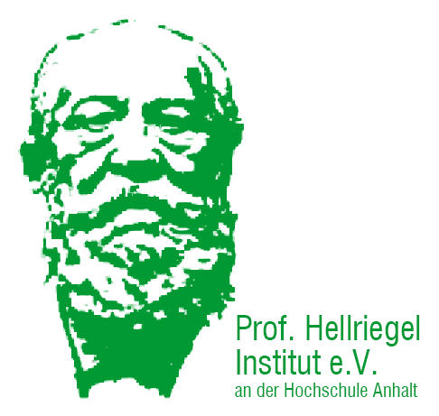 Grünes Porträt eines bärtigen Mannes mit markanten Gesichtszügen, darunter der Schriftzug „Prof. Hellriegel Institut e.V. an der Hochschule Anhalt“.