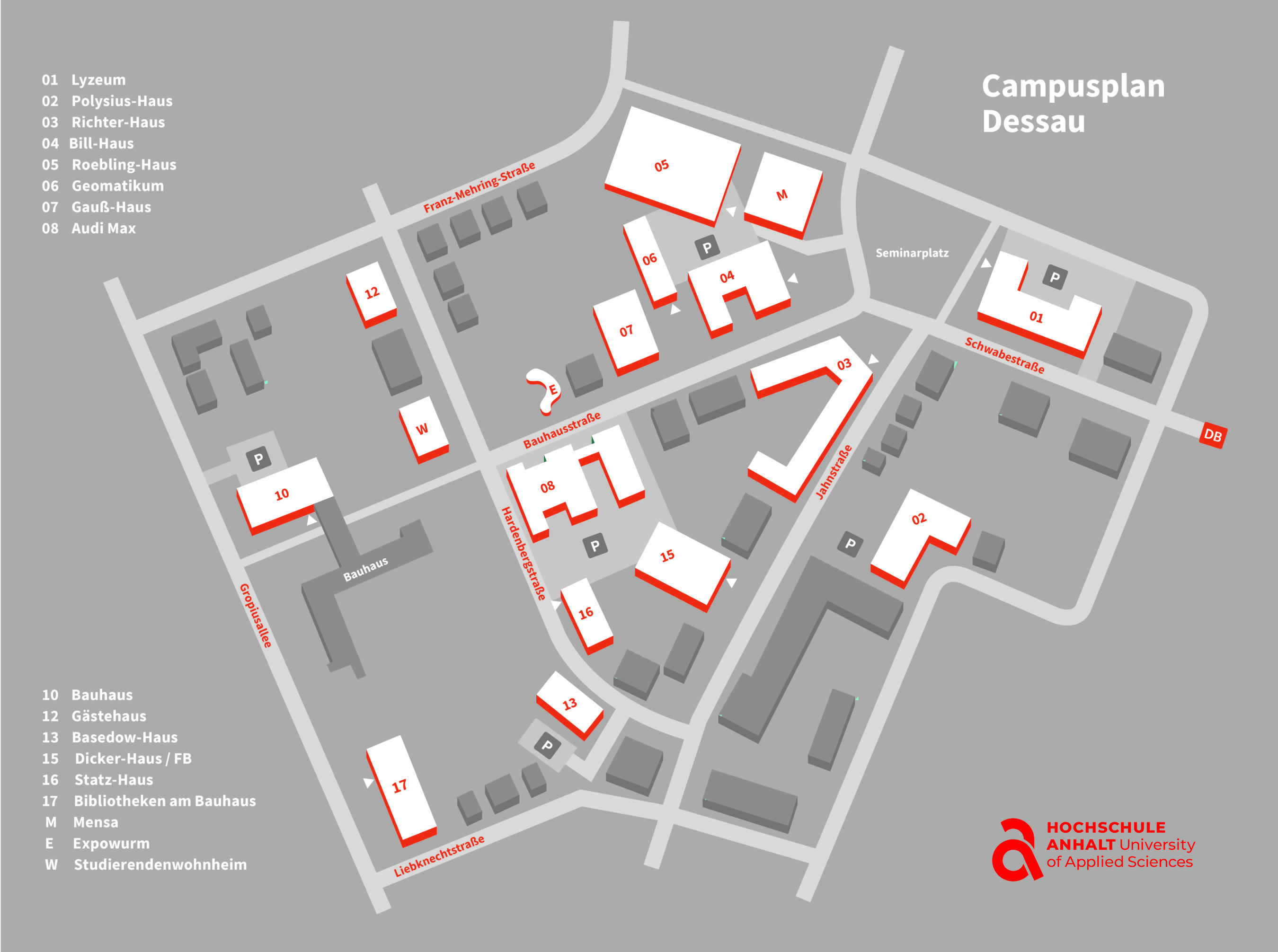Detaillierter Campusplan der Hochschule Dessau mit markierten Gebäuden und Wegen, darunter Hauptgebäude wie das Lysen-Haus, Bauhaus, Bibliothek und Mensa, sowie nummerierten Gebäuden und Beschilderung für Fußgänger und Fahrradfahrer.