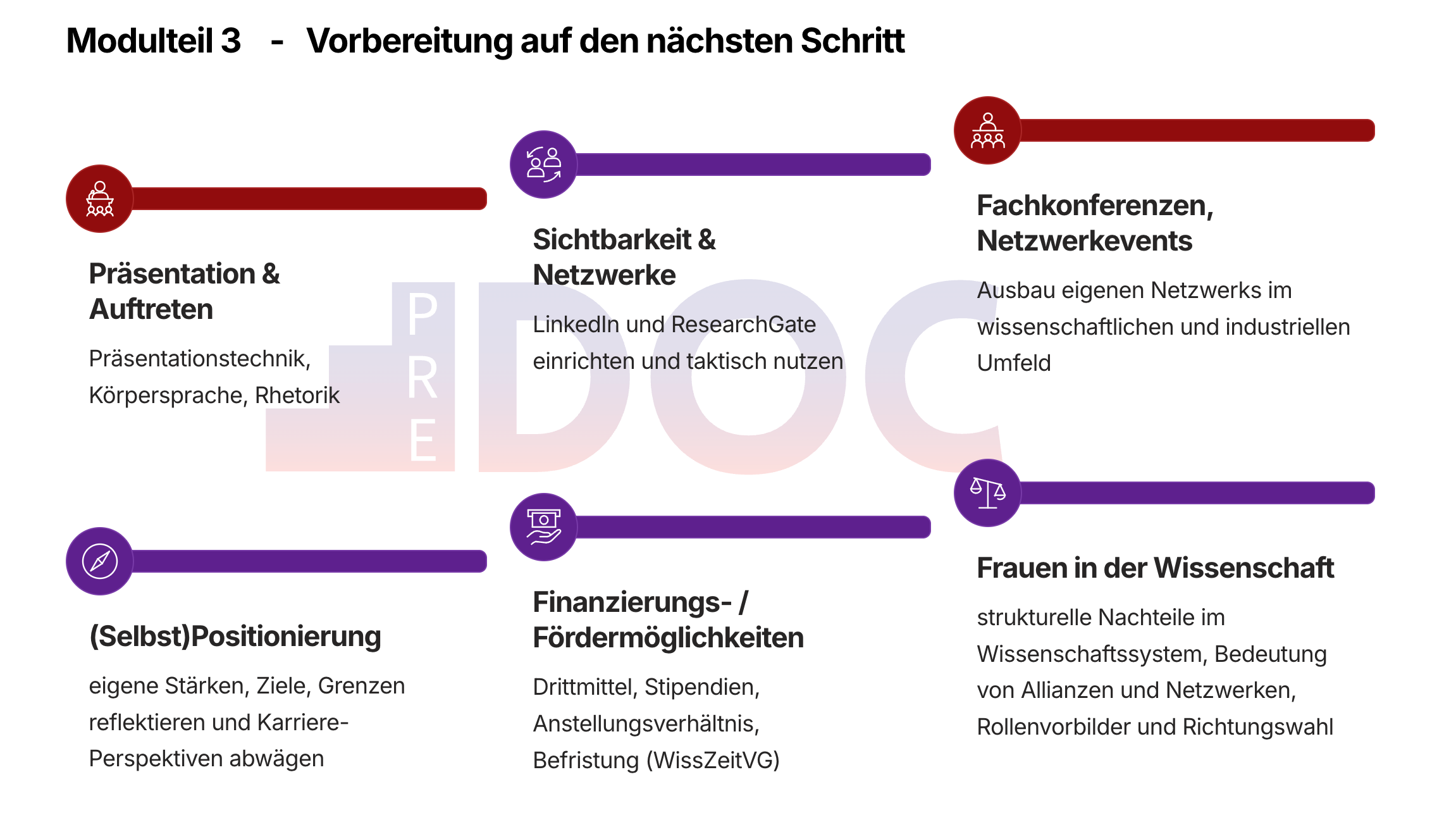 Diagramm mit fünf Segmenten zur Vorbereitung auf den Karriereweg: Präsentation und Auftreten inklusive Selbstpositionierung, Sichtbarkeit und Netzwerken online, Teilnahme an Konferenzen oder Tagungen, Förderung von Frauen in der Wissenschaft sowie Finanzierungsmöglichkeiten.