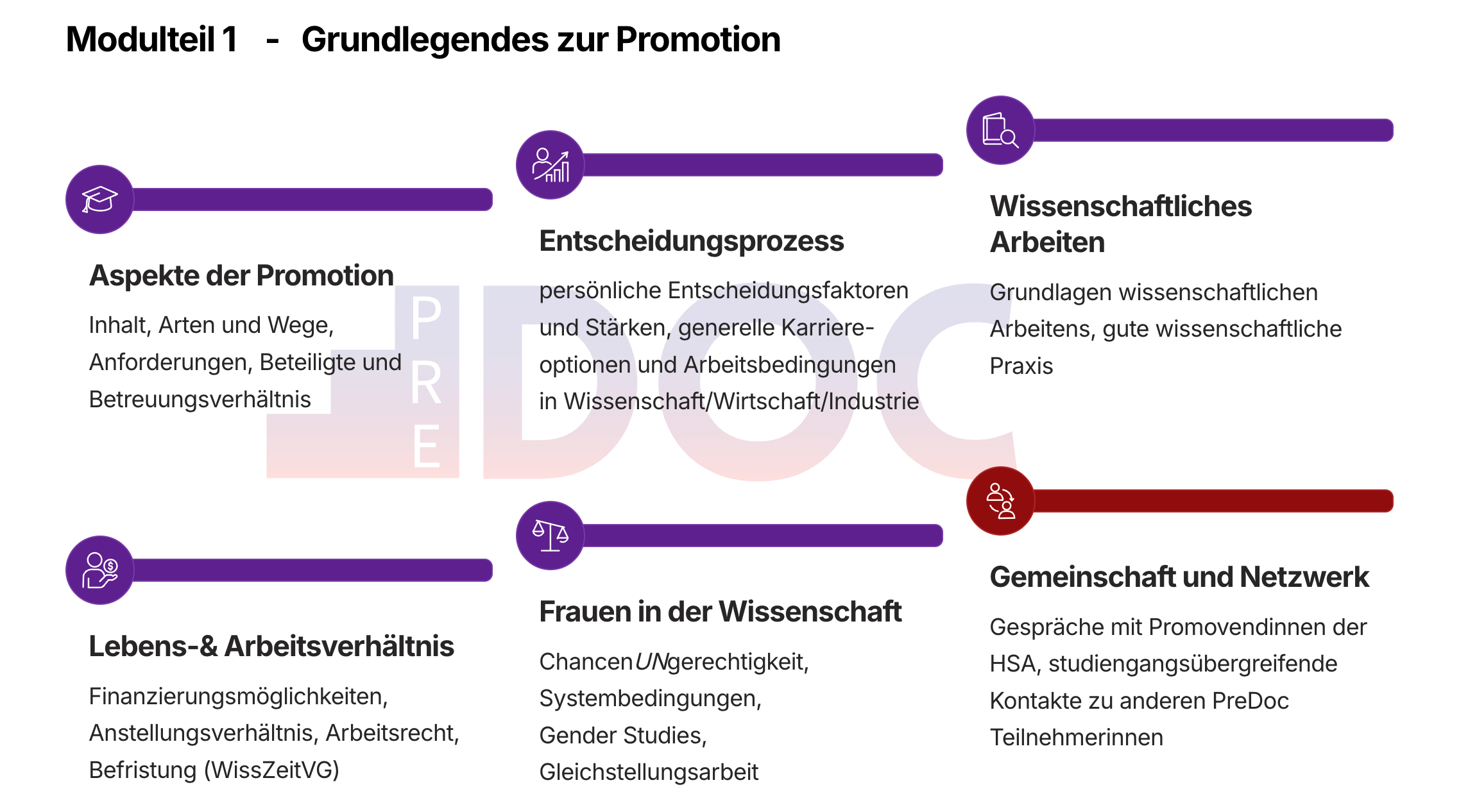 Infografik zur Promotion als Karrieremöglichkeit mit fünf zentralen Aspekten: wissenschaftliches Arbeiten, Chancen und Herausforderungen für Frauen in der Wissenschaft, berufliche Perspektiven in Forschung und Wirtschaft, Lebens- und Arbeitsbedingungen sowie Austausch in der Gemeinschaft der Habilitierten und Kommilitoninnen.