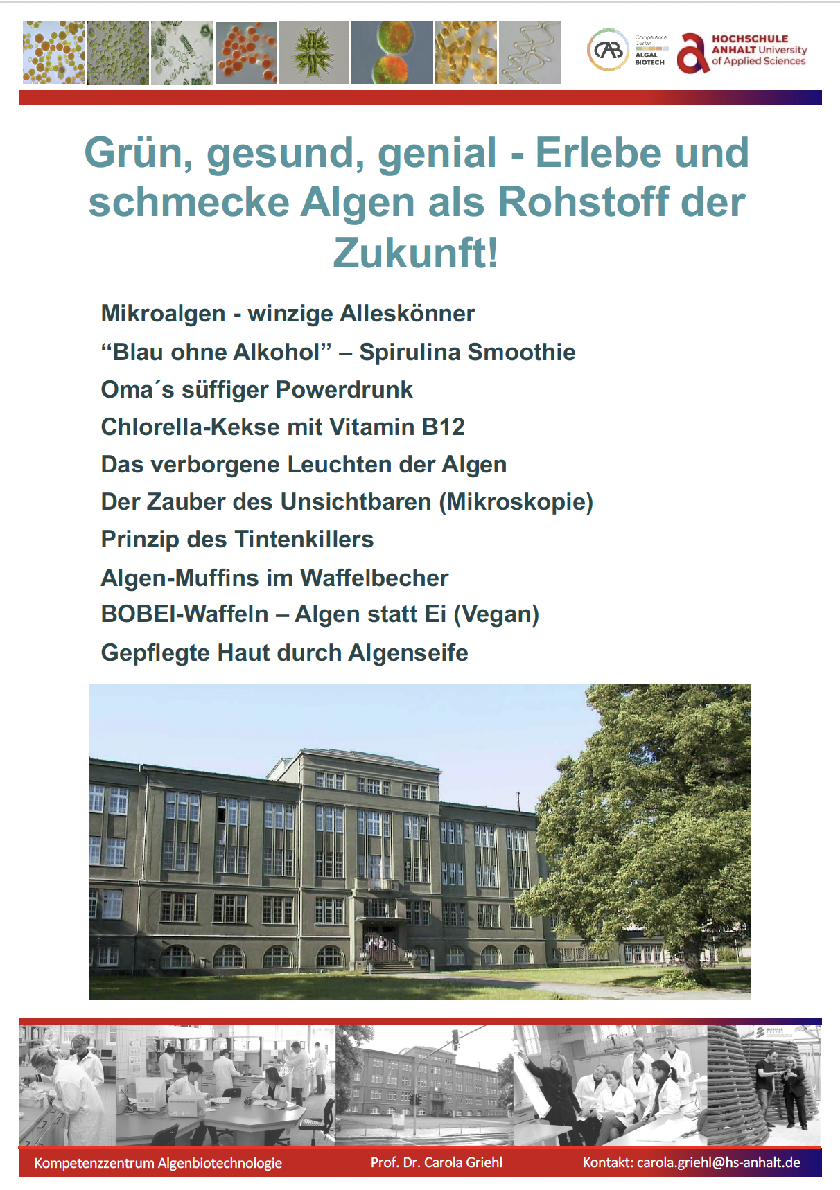 Poster mit Titel „Grün, gesund, genial – Algen als Rohstoff der Zukunft“, zeigend eine Gruppe Menschen vor einem Gebäude, die sich mit Algenprodukten wie Smoothies, Seife und Lebensmitteln beschäftigen.