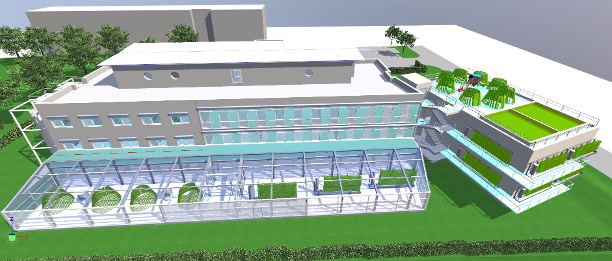 Moderne zweigeschossige Schul- oder Bürogebäude-Anlage mit großem Wintergarten im Erdgeschoss, der mit Glaswänden und -dach überdacht ist und Sitzgelegenheiten sowie Pflanzen enthält. Dachbereiche sind begrünt.