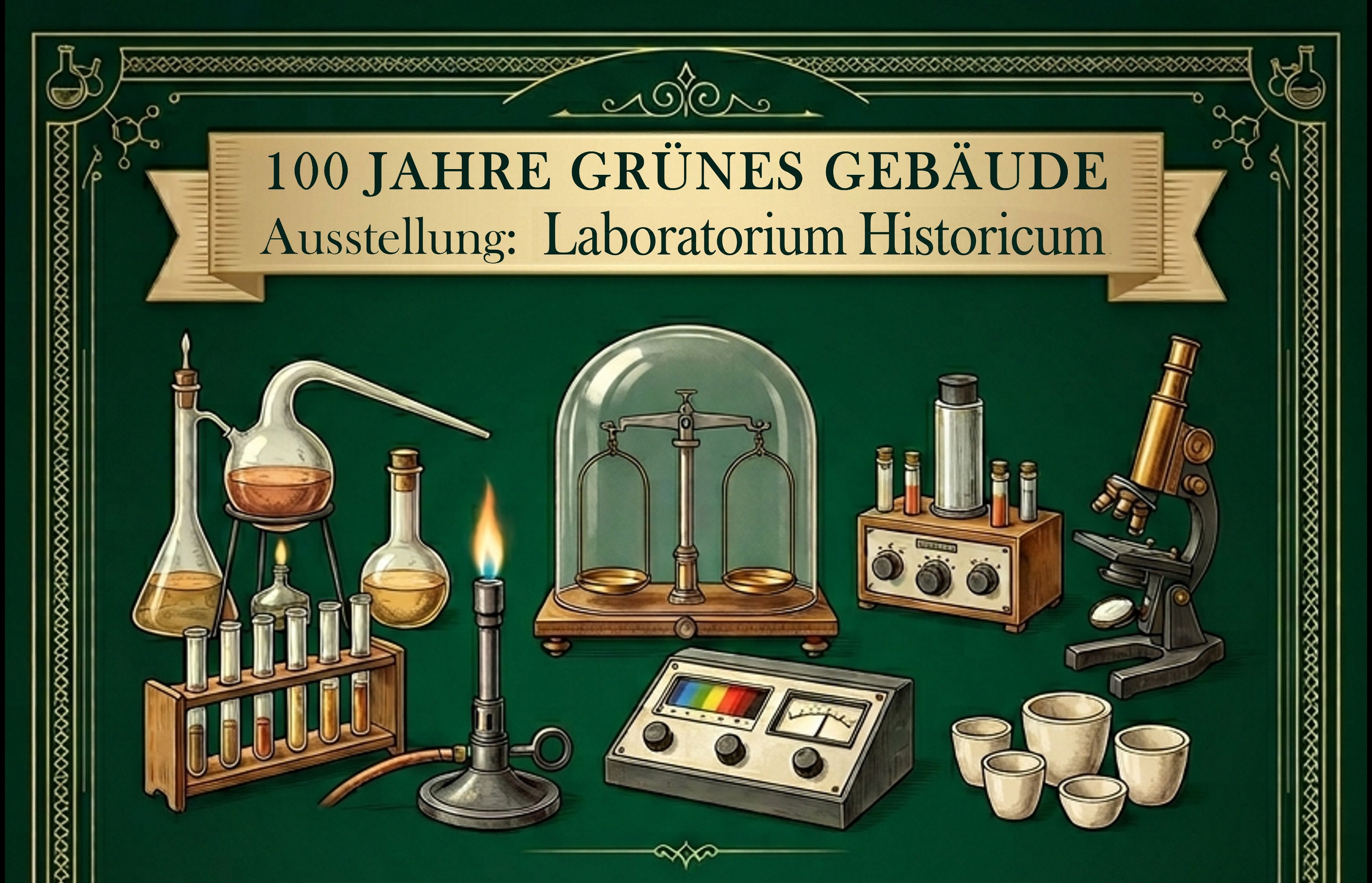 Jubiläumsausstellung zum 100-jährigen Bestehen des Grünen Gebäudes mit historischen Laborgeräten: Kolben, Brenner, Waage, Mikroskop und altem Messgerät.