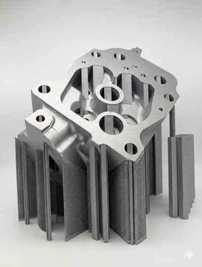 Metallisches Motorblock-Gussgehäuse 3D-Druck Alu mit mehreren Zylinderbohrungen und angrenzenden Kühlrippen, dargestellt in Graustufen.