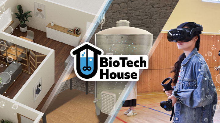 Eine Person nutzt eine Virtual-Reality-Brille und interagiert mit einer virtuellen Darstellung eines BioTech-Hauses, das moderne Laborgeräte wie einen Bioreaktor zeigt.