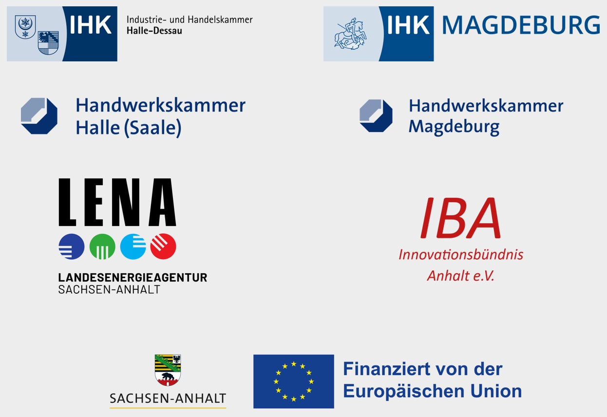 Logos verschiedener Institutionen und Förderer: IHK Magdeburg, Handwerkskammer Magdeburg und Halle (Saale), IBA Innovationsbündnis Anhalt e.V., LENA – Landesenergieagentur Sachsen-Anhalt, Sachsen-Anhalt sowie ein Hinweis auf Finanzierung durch die Europäische Union.