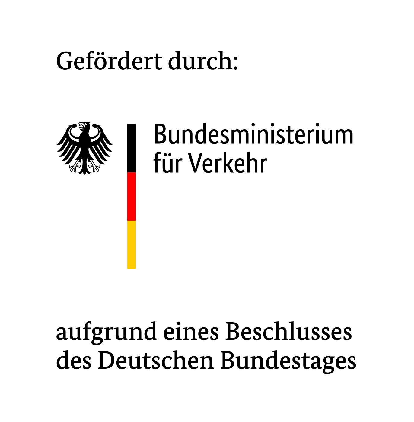 Logo des Bundesministeriums für Verkehr mit Bundesadler und schwarz-rot-goldener Farbleiste, unterstützt aufgrund eines Beschlusses des Deutschen Bundestages.