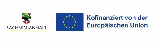 Logo des Landes Sachsen-Anhalt mit Wappen und EU-Sternen auf blauem Grund, daneben der Text „Kofinanziert von der Europäischen Union“.