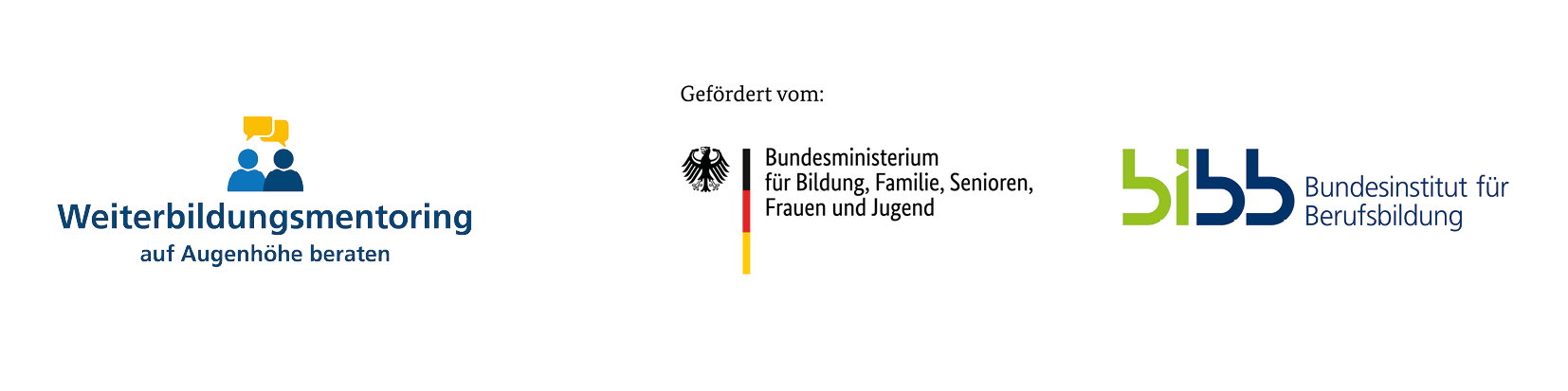 Logo mit zwei Logos: Links das Logo für Weiterbildungsmentoring mit zwei Personen in Beratungssituation und dem Slogan „auf Augenhöhe beraten“. Rechts das Logo des Bundesministeriums für Bildung und Forschung sowie das Logo des BIBB mit dem Zusatz „Bundesinstitut für Berufsbildung“. Gefördert von beiden Institutionen.