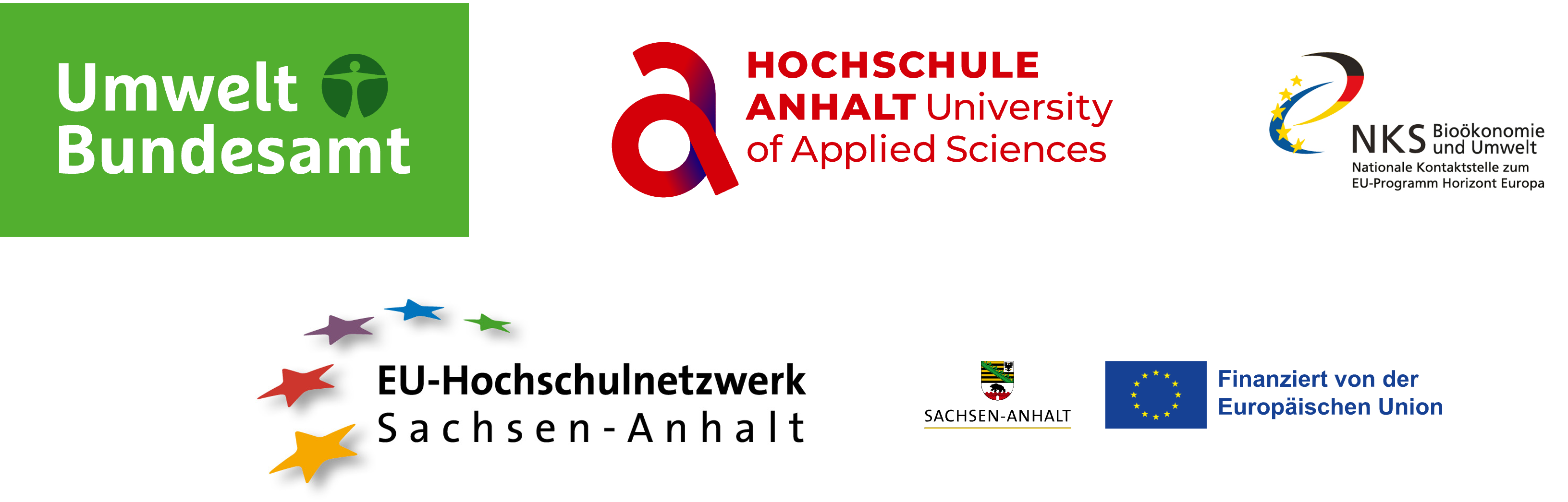 Logozeile mit den Partnern Umweltbundesamt, Hochschule Anhalt – University of Applied Sciences und dem EU-Hochschulnetzwerk Sachsen-Anhalt, finanziert durch die Europäische Union.