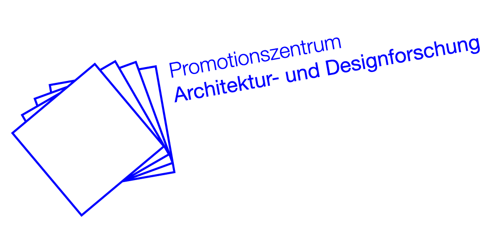 Ein Stapel aus fünf blauen, schematisch dargestellten Blättern oder Dokumenten, daneben der Text „Promotionszentrum Architektur- und Designforschung“.