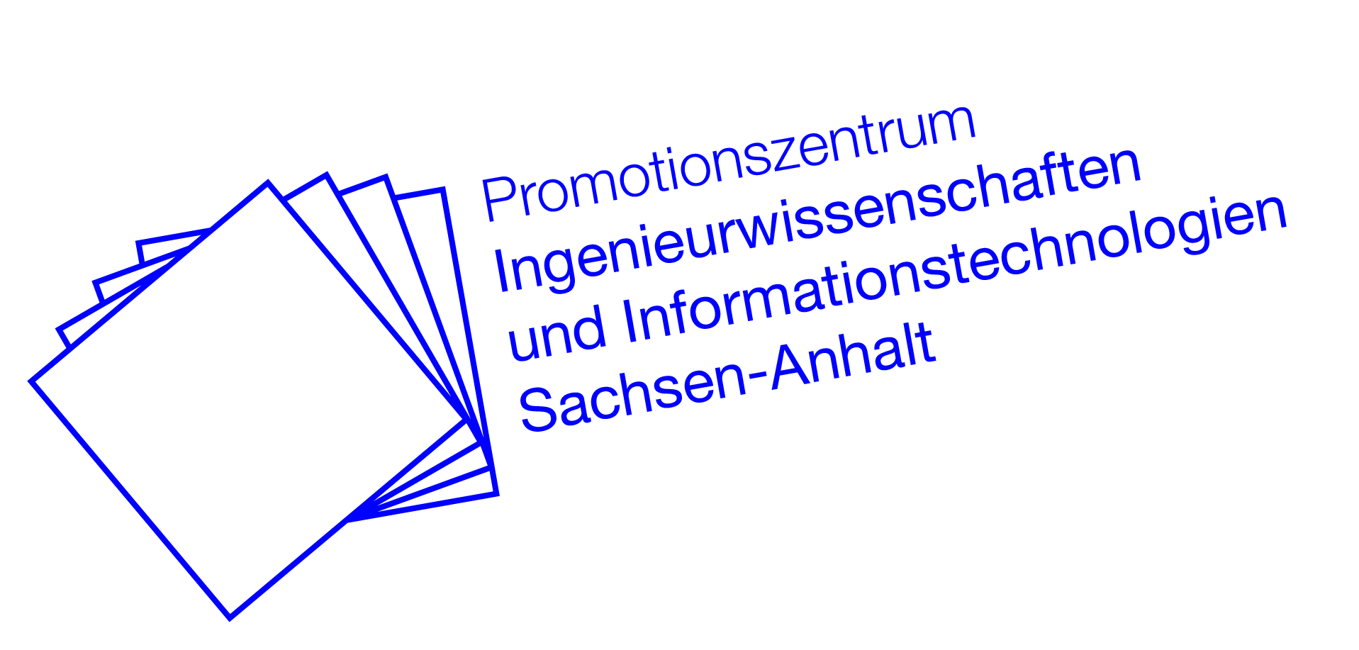 Logo mit gestapelten, blauen Dokumenten, das das **Promotionszentrum für Ingenieurwissenschaften und Informationstechnologien in Sachsen-Anhalt** symbolisiert.