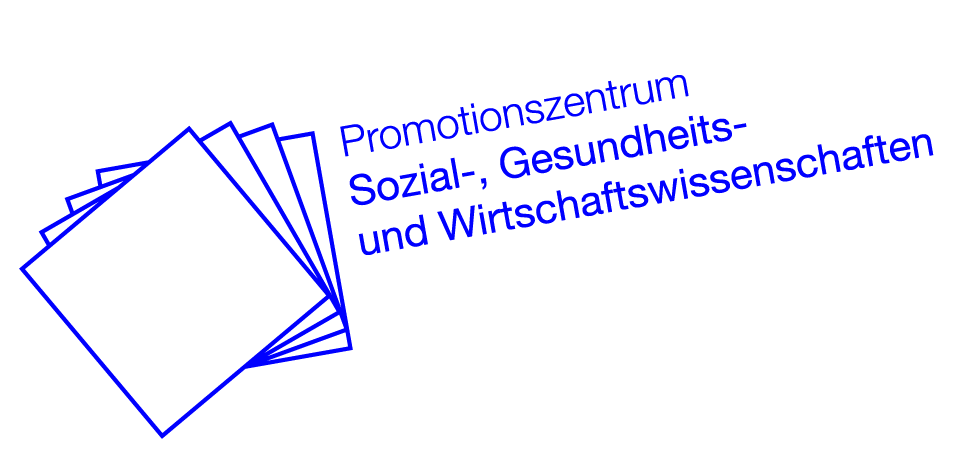 Stapel aus fünf blauen, leicht schräg gestellten Papieren mit der Aufschrift „Promotionszentrum Sozial-, Gesundheits- und Wirtschaftswissenschaften“.