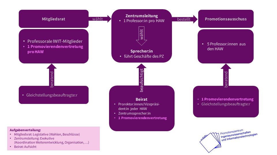Organigramm zur Gleichstellung in der HAW: Der Mitgliedsrat mit Professor:innen und Promovierendenvertreter:innen wählt die Zentrale Leitung mit einer Professorin als Sprecherin, die den Promotionsausschuss mit fünf Professorinnen und einer Promovierendenvertreterin sowie Gleichstellungsbeauftragten leitet. Beratung erfolgt durch eine Prodekanin und weitere Vertreter:innen.