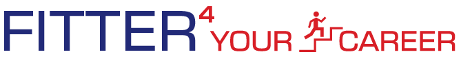 Logo mit dem Slogan Fitter vier Your Career. Der Schriftzug Fitter steht in blau, die Zahl vier ist hochgestellt und ebenfalls blau. Der Rest des Slogans ist in rot gehalten, wobei das Wort Career durch eine laufende Person symbolisiert wird.
