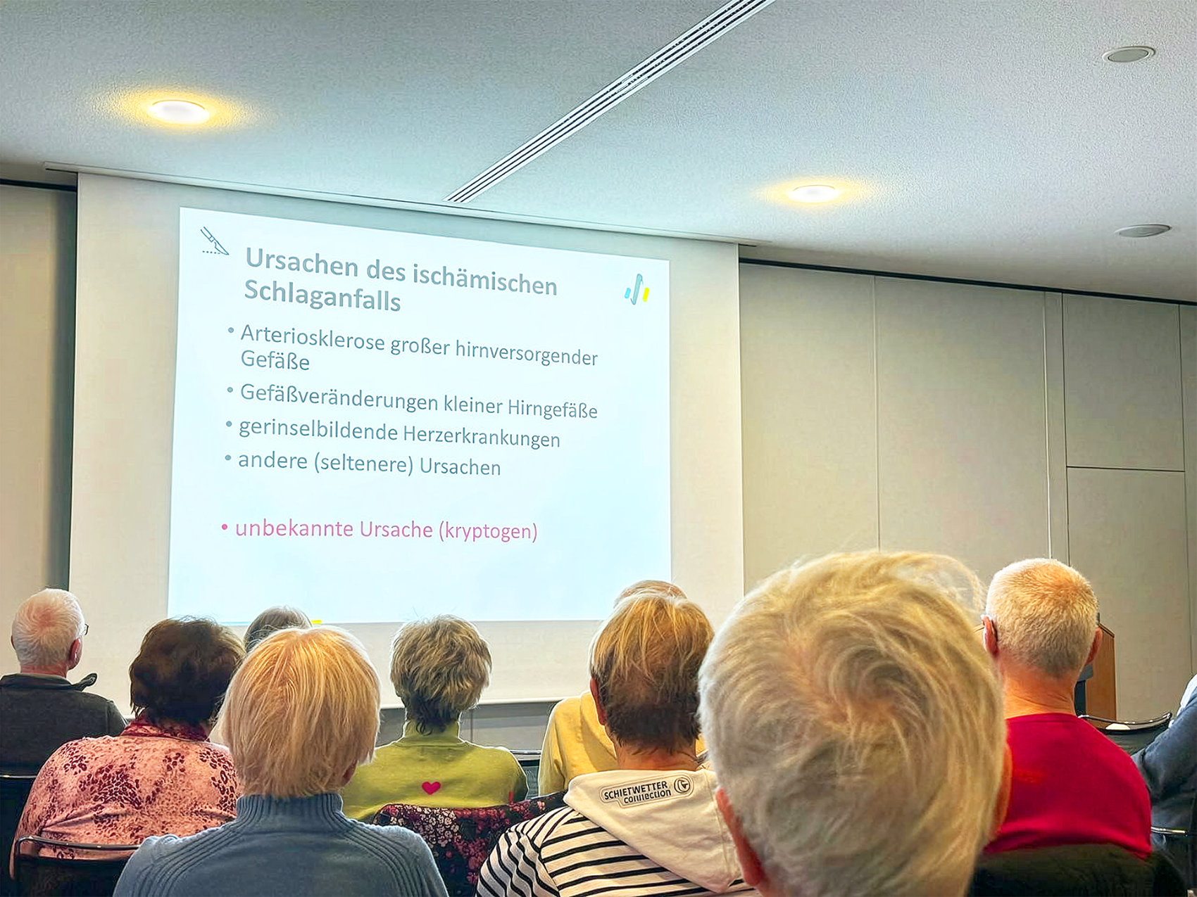 Die Folie zeigt die Ursachen eines ischämischen Schlaganfalls auf: Arteriosklerose großer hirnversorgender Gefäße, Gefäßveränderungen kleiner Hirngefäße, gerinnselbildende Herzerkrankungen, andere (selteneren) Ursachen und unbekannte (kryptogene) Ursachen.