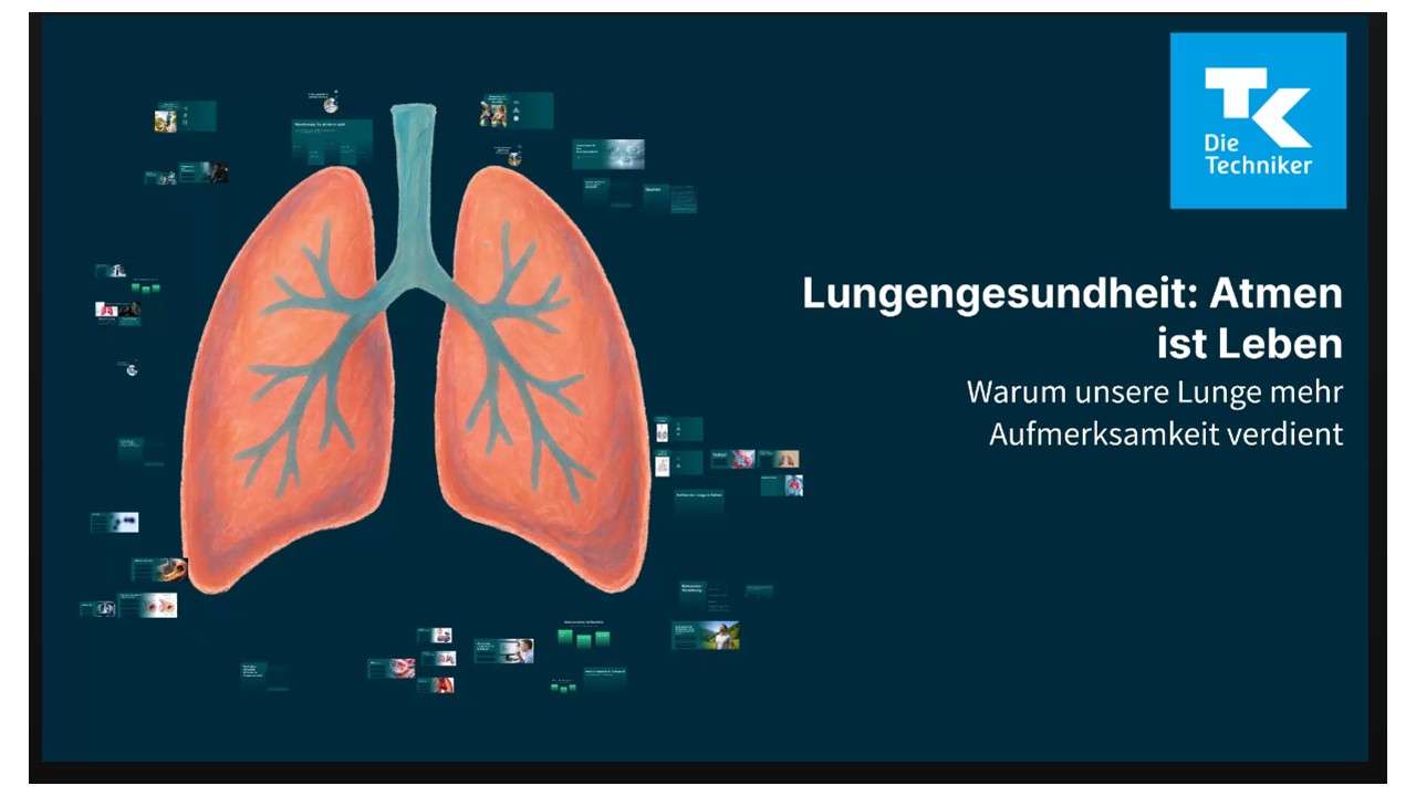 Großes Bild von zwei gesunden Lungen in der Mitte, umgeben von kleinen Icons. Der Text betont die Bedeutung der Lungen: „Lungengesundheit: Atmen ist Leben – warum unsere Lunge mehr Aufmerksamkeit verdient.“