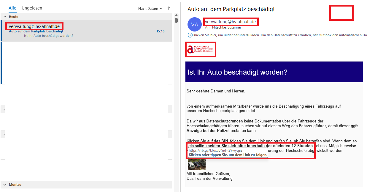 Ein E-Mail-Formular mit dem Betreff „Auto auf dem Parkplatz beschädigt“. Es wird nach Schäden am Fahrzeug gefragt und um Fotos sowie Details zur Schadensmeldung innerhalb von 12 Stunden gebeten.
