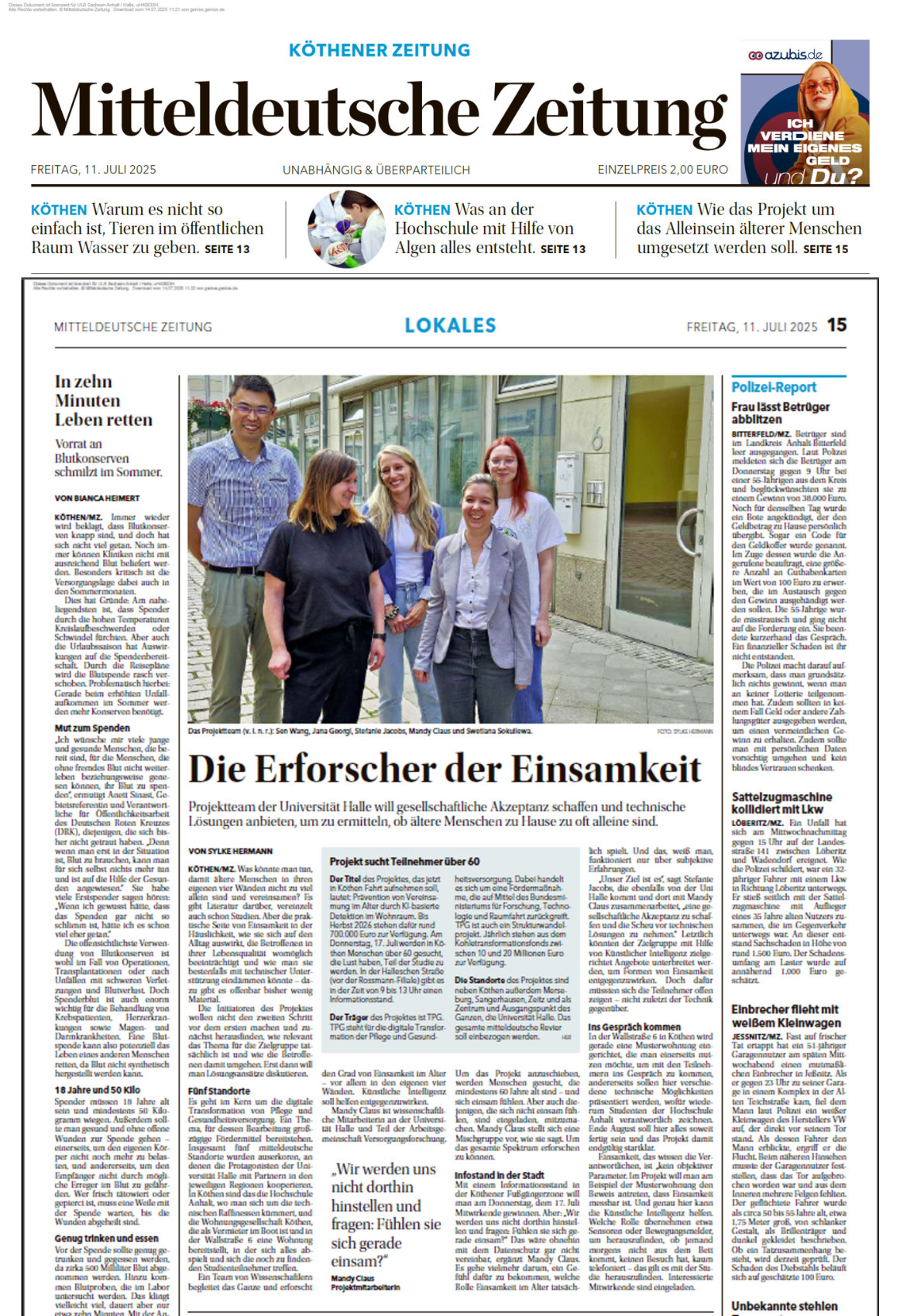 Zeitungstitelseite der *Mitteldeutschen Zeitung* vom 11. Juli 2025 mit Hauptartikel über Forscher, die Einsamkeit bei Männern untersuchen. Foto zeigt drei lächelnde Männer vor einem Gebäude.
