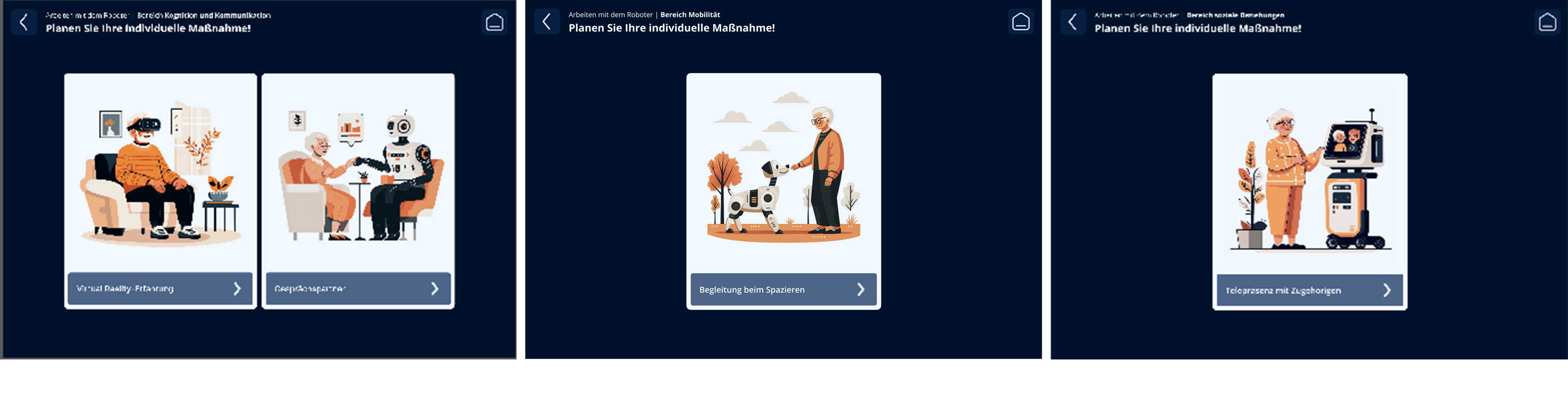 Drei Illustrationen zeigen verschiedene Situationen mit Menschen in einer Wohnumgebung. Links zwei Personen im Rollstuhl am Tisch, in der Mitte eine Person mit Gehhilfe beim Kochen, rechts eine Person mit Prothese beim Sport. Jede Szene betont selbstbestimmtes Leben und Teilhabe.