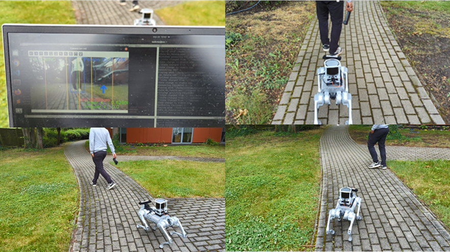 Ein Mensch geht auf einem gepflasterten Weg, begleitet von zwei kleinen, vierbeinigen Robotern, die ihn folgen. Im Hintergrund ist ein Haus mit einem Bildschirm zu sehen, der eine Person in einer virtuellen Umgebung zeigt.