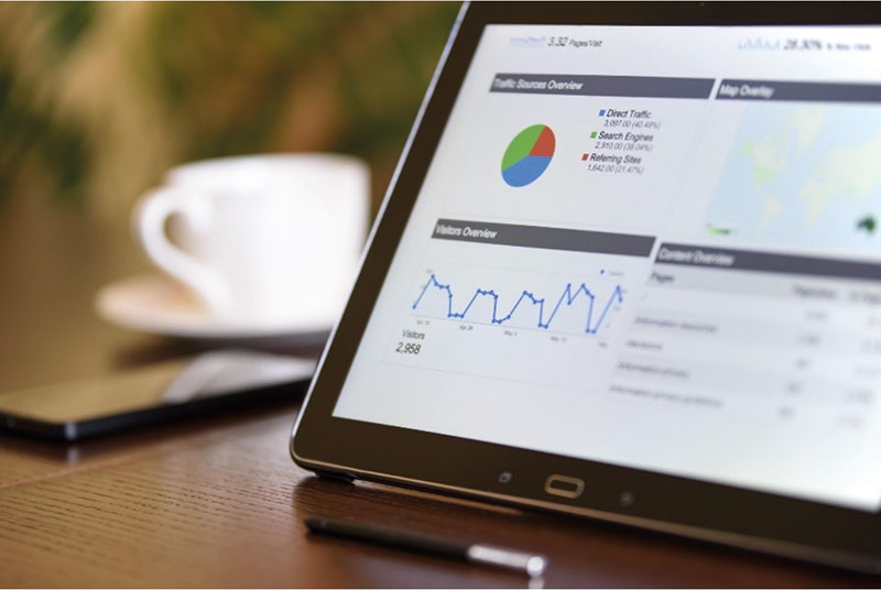 Ein Tablet zeigt ein Dashboard mit einer bunten Kreisdiagramm-Statistik, einer Liniengrafik mit Schwankungen und einer Tabellenübersicht mit Zahlen und Daten. Im Hintergrund ist ein Kaffee auf einem Tisch zu sehen.