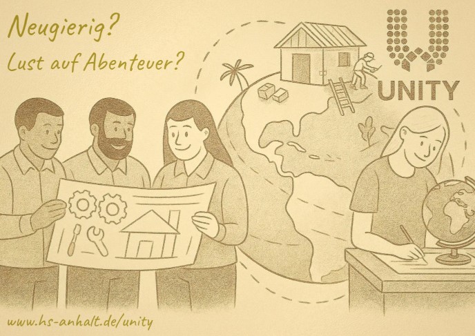 Drei Personen betrachten gemeinsam eine Karte mit einem Haus und Zahnradsymbolen, das Abenteuer und Neugier weckt. Im Hintergrund eine Insel mit Palmen, Haus und Globus, verbunden mit dem Logo „UNITY“.