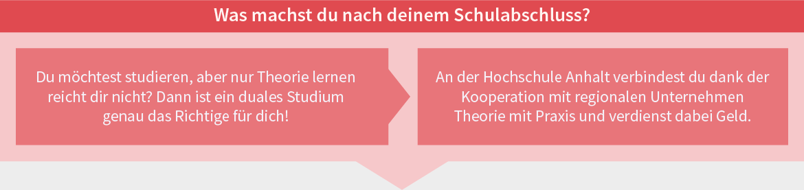 Zwei Optionen nach dem Schulabschluss: Entweder klassisches Studium mit reinem Theorieunterricht oder duales Studium an der Hochschule, das Theorie mit Praxis verbindet und gleichzeitig eine Vergütung bietet.