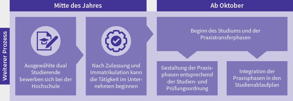 Ein Prozessdiagramm zeigt den Ablauf für dual Studierende: Bewerbung bei der Hochschule, Beginn der Tätigkeit im Unternehmen nach Zulassung, Gestaltung der Praxisphasen nach Studien- und Prüfungsordnung sowie Integration der Praxisphasen in den Studienablaufplan ab Oktober.