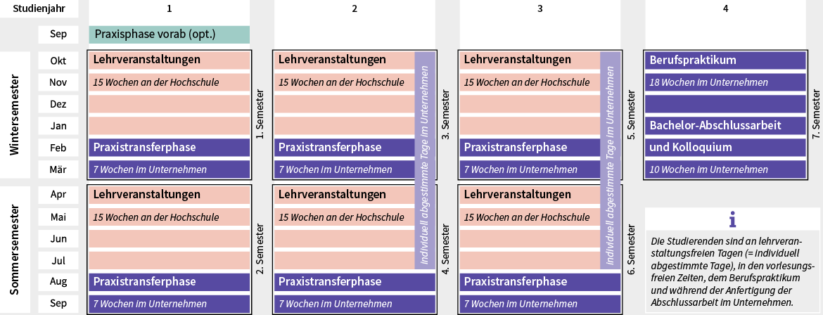 Studienplan mit vier Spalten für ein duales Studium: Theoriephasen mit 15 Wochen Lehrveranstaltungen an der Hochschule abwechselnd mit Praxisphasen im Unternehmen von September bis September des Folgejahres, inklusive Bachelorarbeit und Kolloquium im letzten Abschnitt.