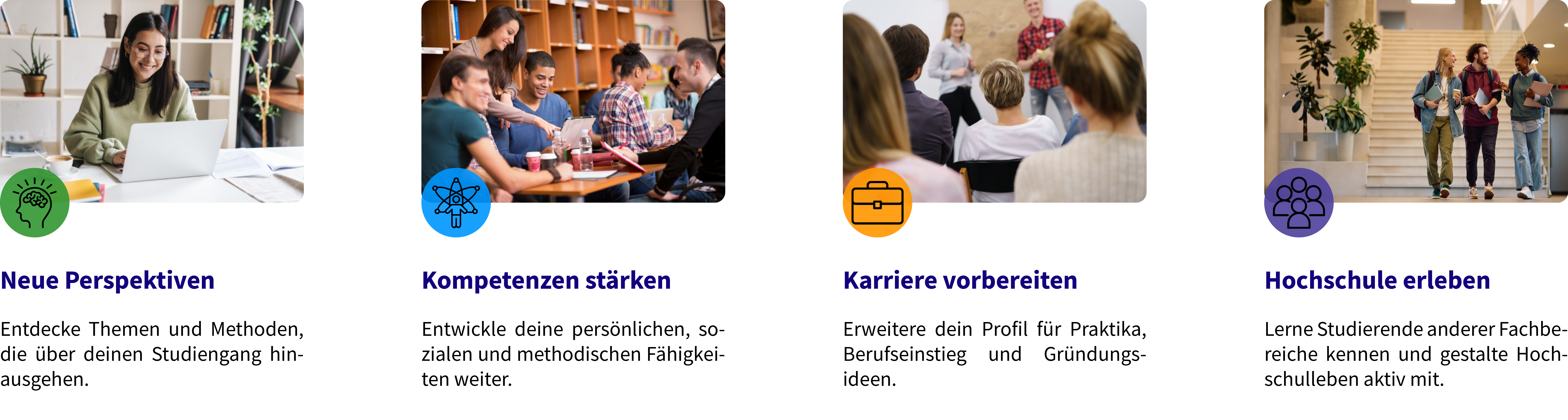 Bild mit vier Abschnitten zu Studienvorbereitung: Gruppe diskutiert an Tisch, Personen üben im Seminar, Berufseinstieg mit Netzwerken, Studierende tauschen sich in Bibliothek aus – jeweils mit Überschriften wie „Neue Perspektiven“, „Kompetenzen stärken“, „Karriere vorbereiten“ und „Hochschule erleben“.