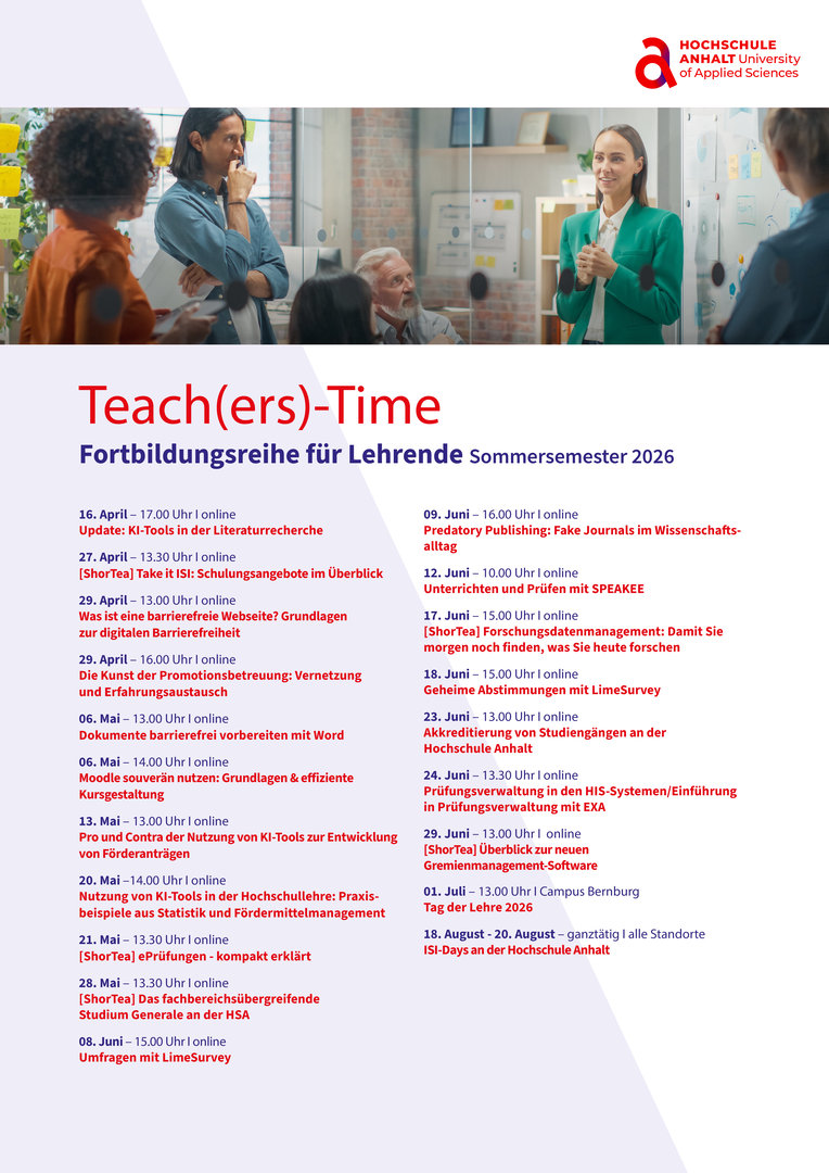Fortbildungsreihe „Teach(ers)-Time“ der Hochschule für angewandte Wissenschaften im Sommersemester 2026: Eine Frau steht lächelnd vor einem Whiteboard und hält ein Buch. Die Veranstaltung bietet verschiedene Online-Seminare zu Themen wie Tools für die Lehre, KI in der Lehre, Forschungsdatenmanagement und Lehrveranstaltungen mit LineSurvey.