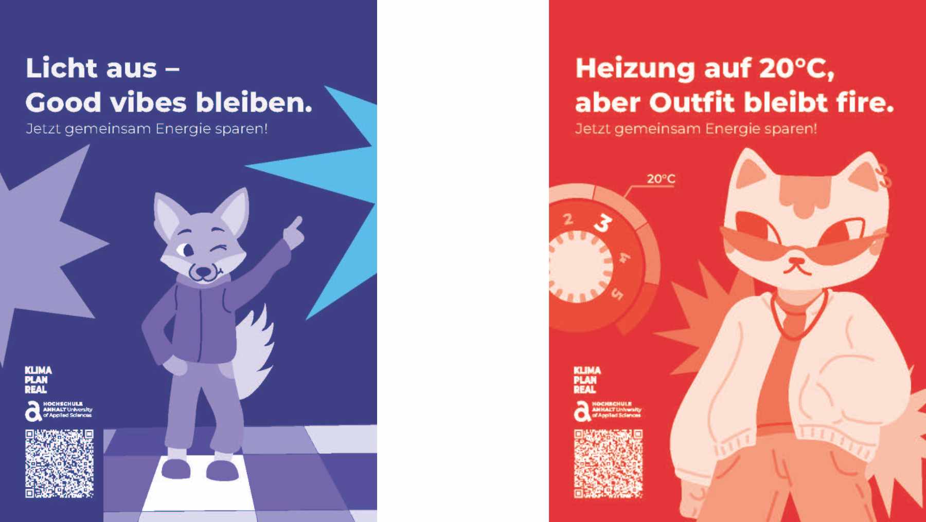 Blaue und rote Grafiken auf einer Postkarte mit Tierfigur weisen auf die Themen Stromsparen und Energiesparen hin