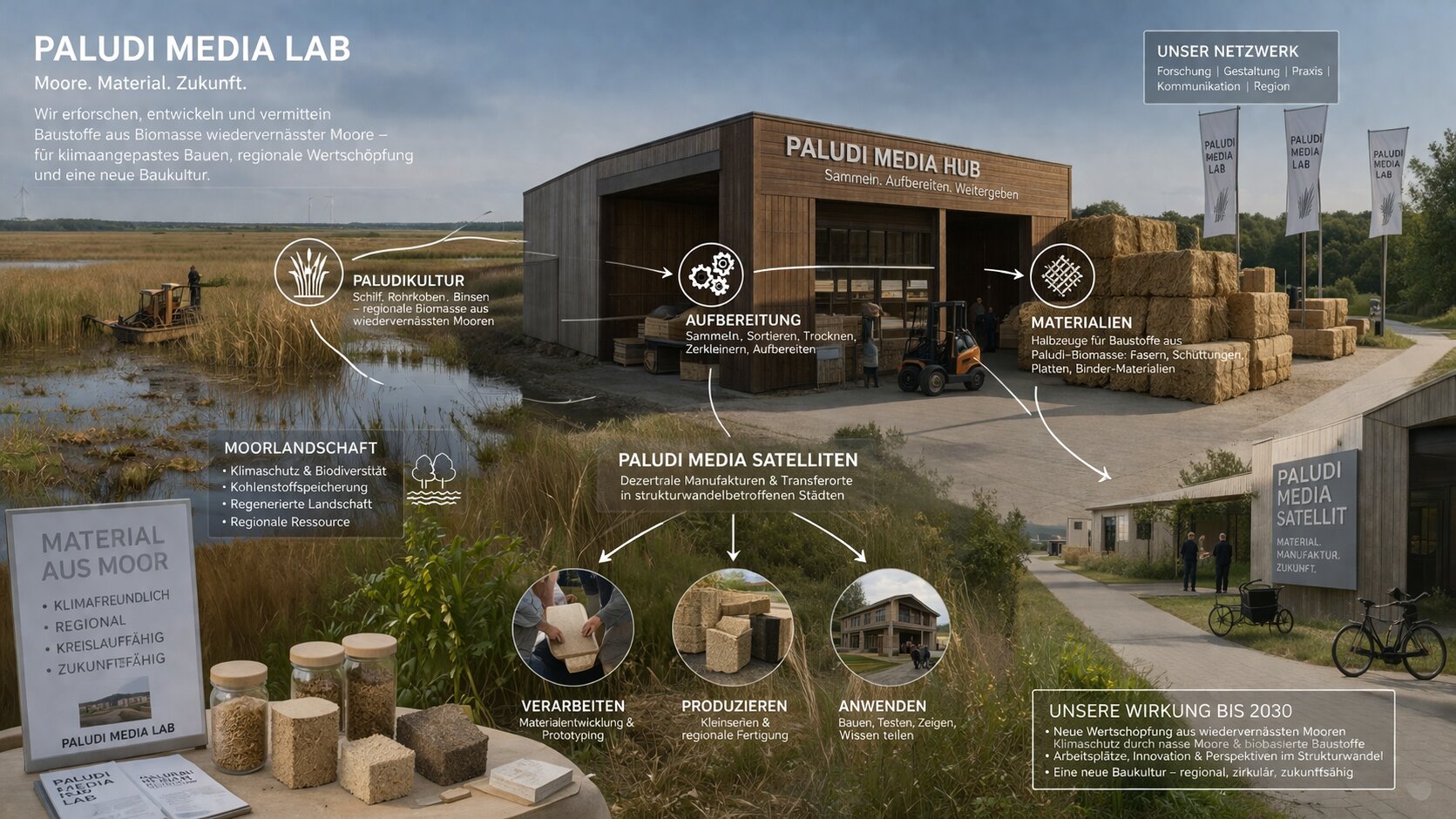 Infografik zeigt das **Paludi Media Lab**, ein Forschungszentrum für nachhaltiges Bauen mit Moormaterialien: Darstellung des Media Hubs, Prozesse wie Aufbereitung, Verarbeitung, Frozenieren und Anwenden von Torf als Baustoff sowie die Wirkung bis 2030.