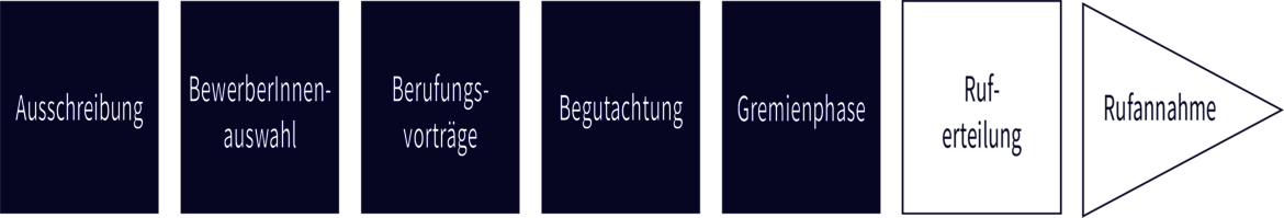 Eine Abfolge von sechs Schritten im Bewerbungsprozess: Bewerbungseingang, Auswahl der Bewerberinnen, Berufungsgespräche, Begutachtung, Gremienphase, Rufaussprache und schließlich Rufannahme.