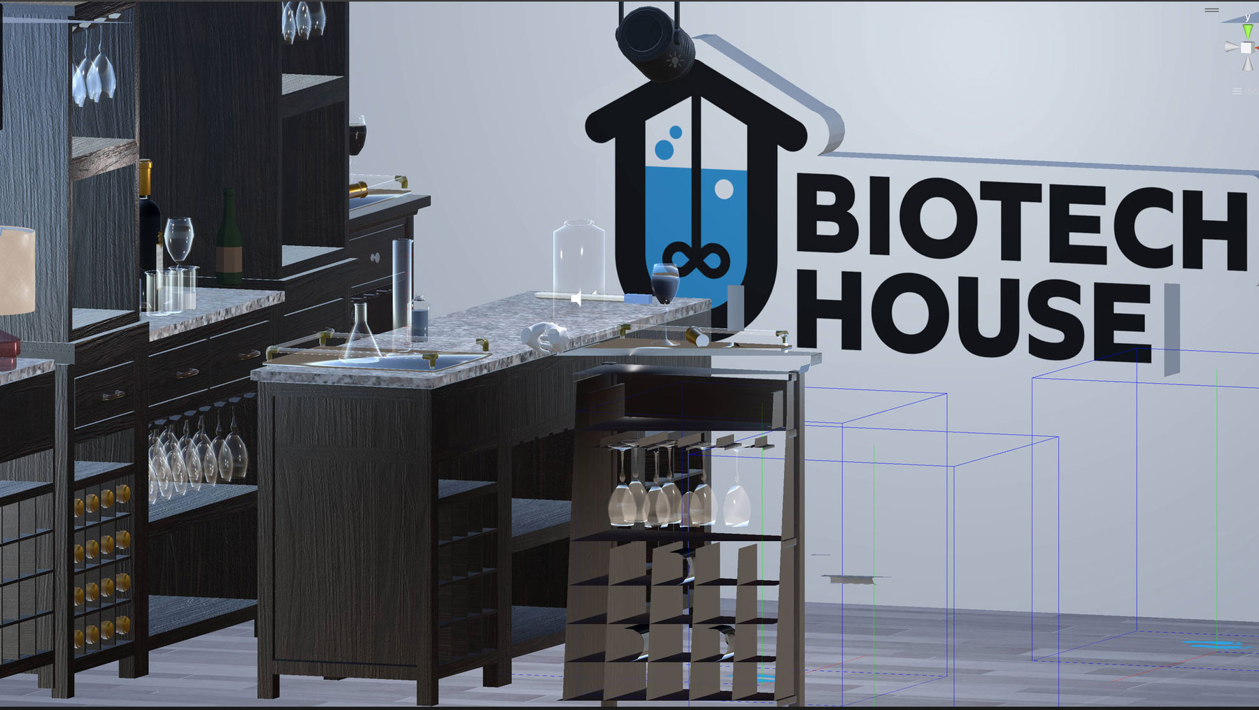 Laborumgebung mit Reagenzgläsern, Flüssigkeiten und Laborgeräten auf einem dunklen Tisch, kombiniert mit einem großen Reagenzglas-Symbol und dem Schriftzug „Biotech House“.