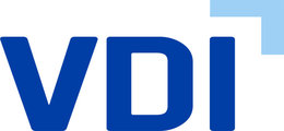 Blaues Logo mit den Buchstaben VDI, wobei das „D“ ein leeres Rechteck in der Mitte hat.